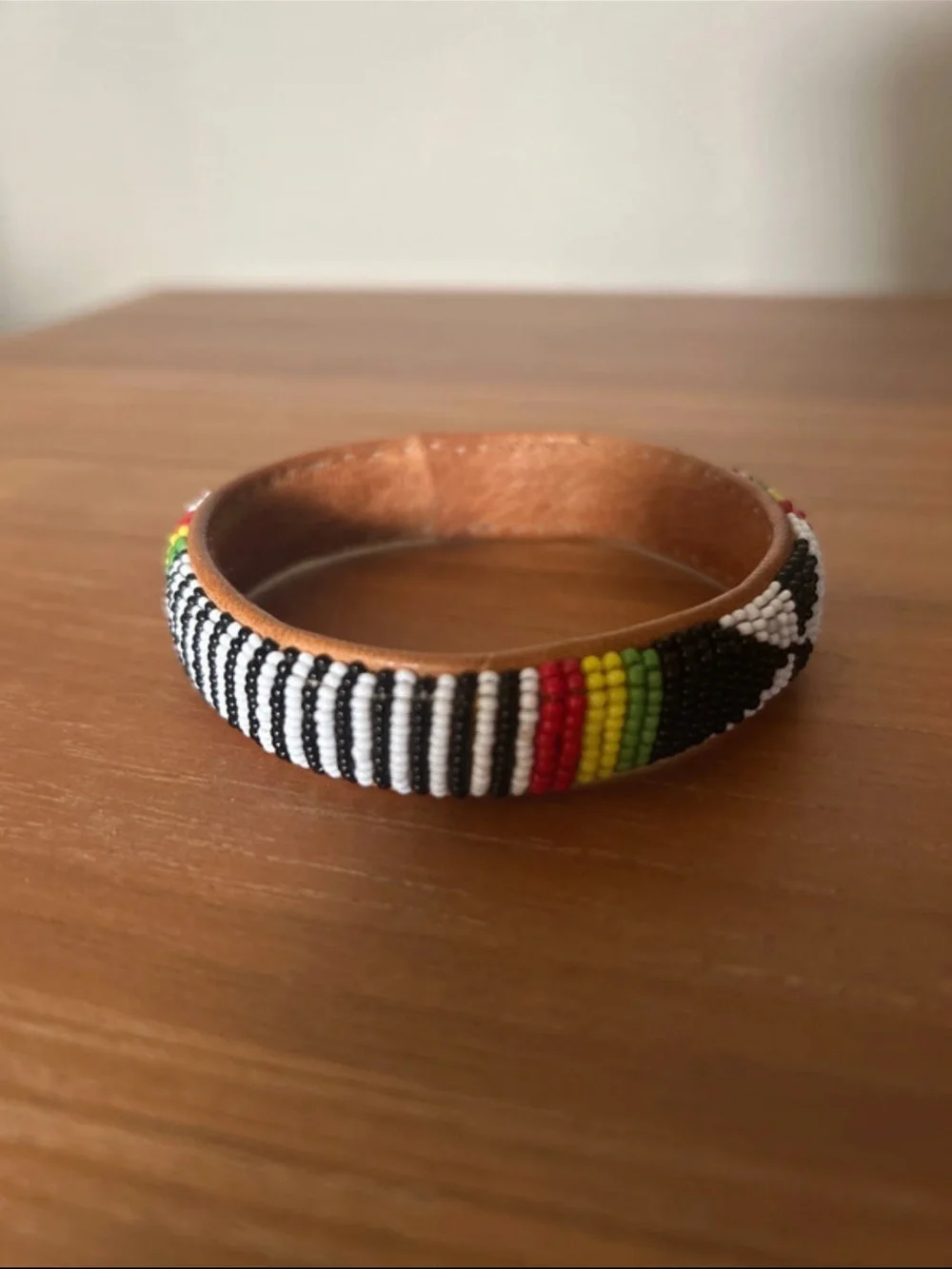 1970s Beaded Bangle Bracelet w/ Red, Yellow, Green Accents